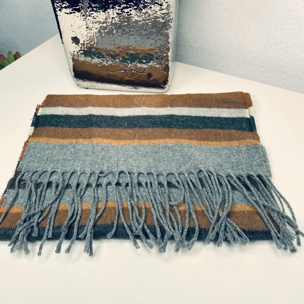 Striped Acrylic Scarf Shawl Fringed Tan Brown Grey White Made in Germany Unisex‎